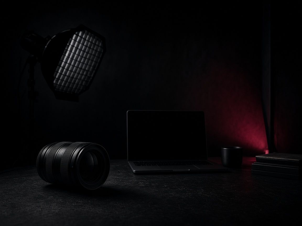 A dark creative studio with a softbox light, camera lens and laptop, lit by a low burgundy glow.