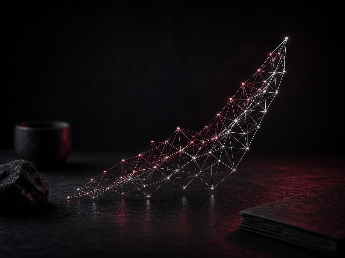 A glowing wireframe arrow of connected points rising upward across a dark surface, suggesting planned growth.